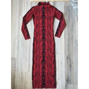 NWT Fashion Nova Sweater Dress Women’s XS Bodycon LS Flr Lngth Red/Blk Snakeskin